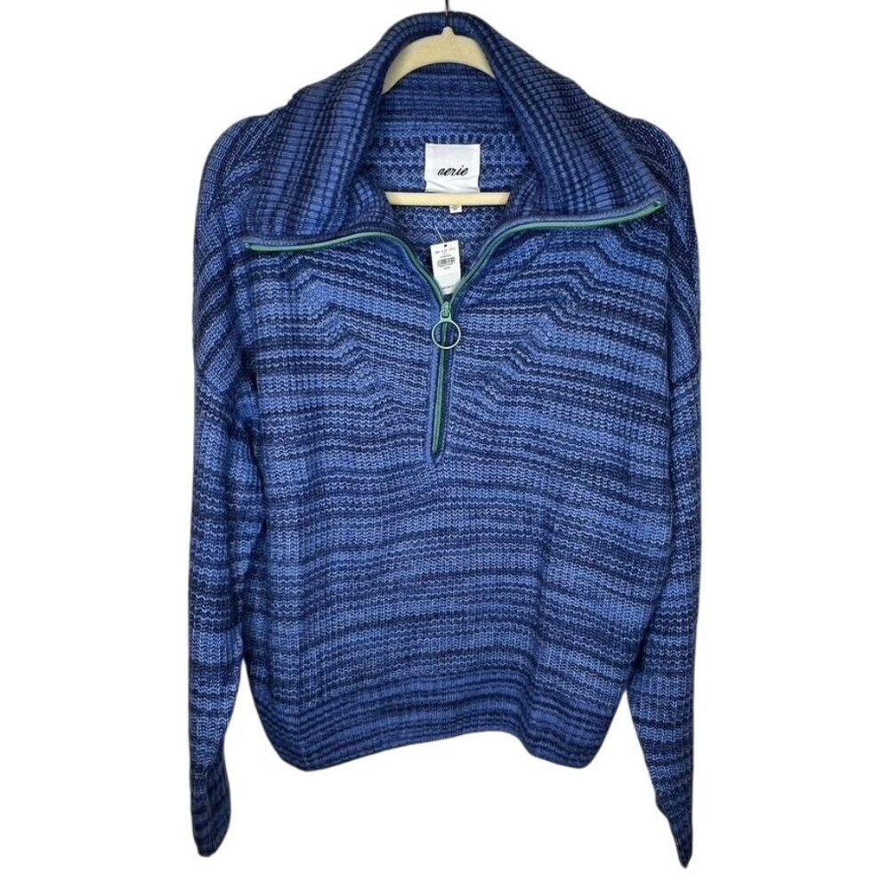Aerie Womens Knit Quarter-Zip Sweater Size Medium Blue Green Trim NWT